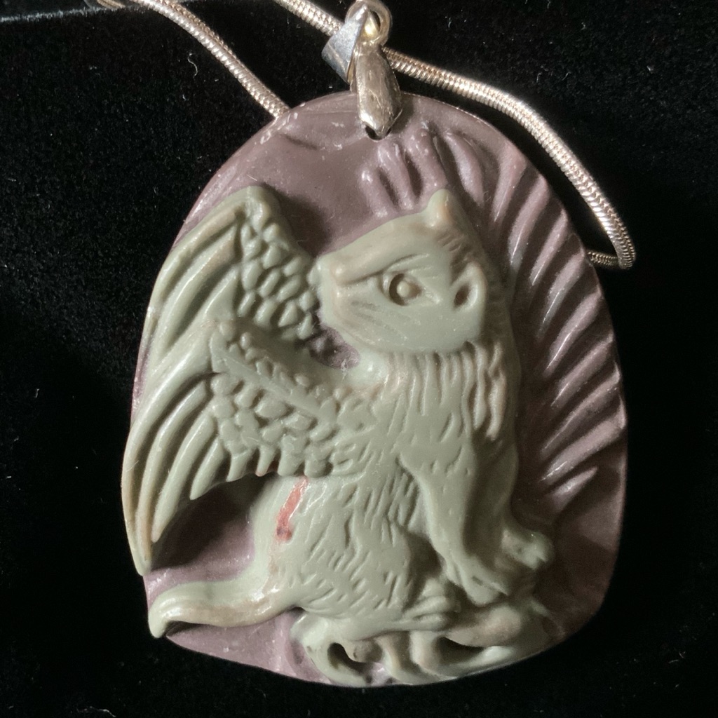 Carved Stone Angel Kitty Cat Cameo Art 925 Chain